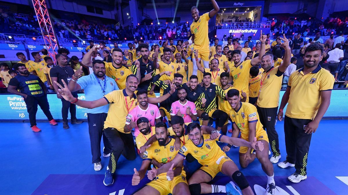 Chennai Blitz celebrating their victory against Hyderabad Black Hawks (Image Courtesy: RuPay Prime Volleyball League)