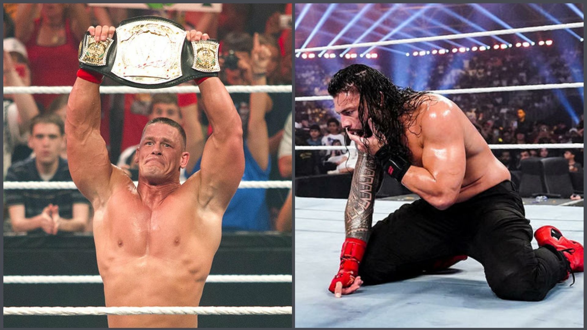 John Cena (left); Roman Reigns (right)