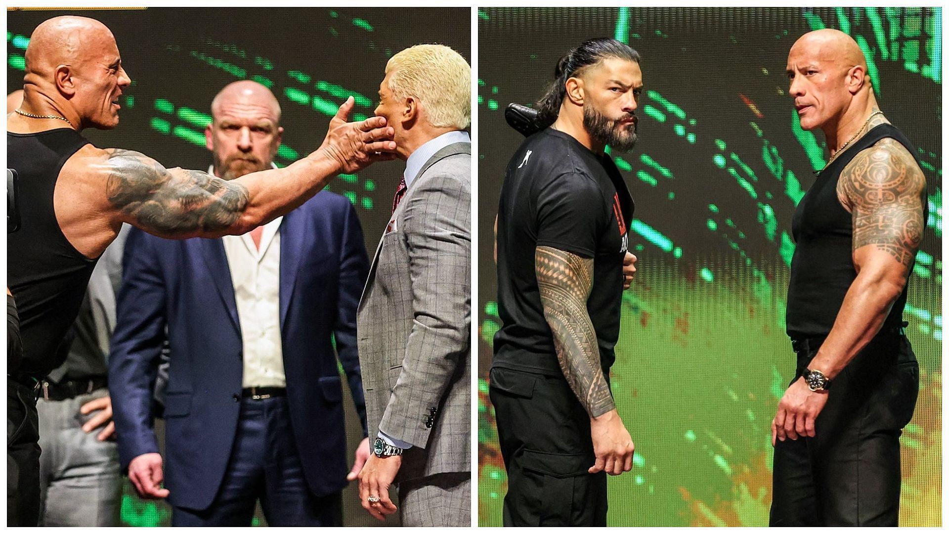 Roman Reigns, Cody Rhodes and The Rock during WWE media event.
