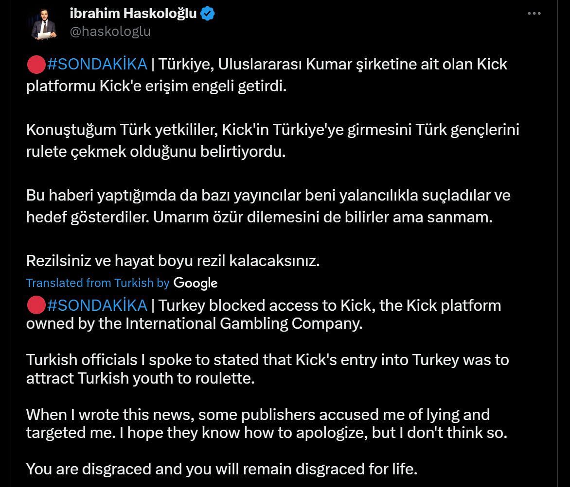 Ibrahim Haskoloğlu&#039;s tweet, dated February 21, 2024 (Image via X)