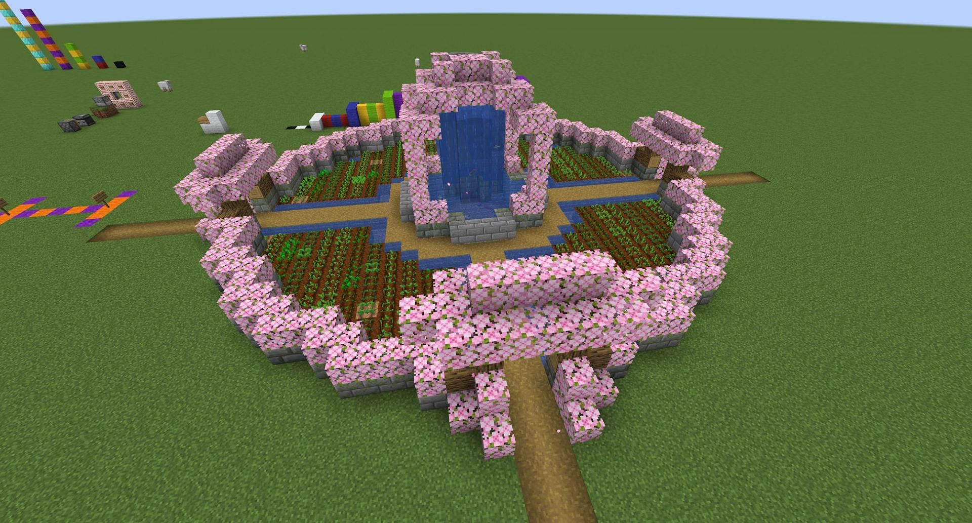 Example of a farm with a fountain centerpiece (Image from Mojang)