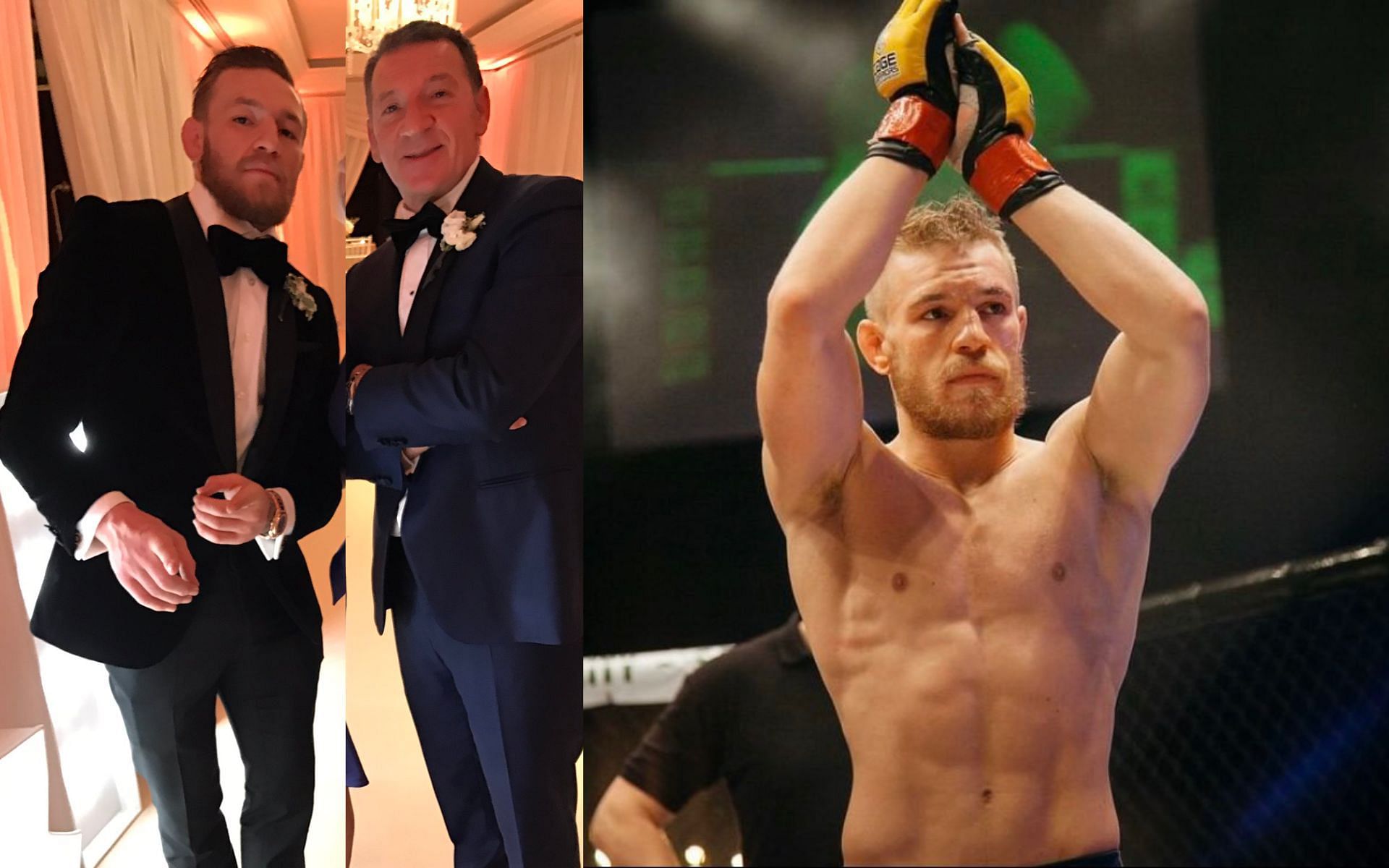 Conor McGregor with his father (left) and at Cage Warriors. [via X @CageWarriors and @TheNotoriousMMA]