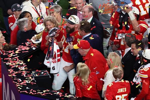 Kelce holds the Lombardi Trophy