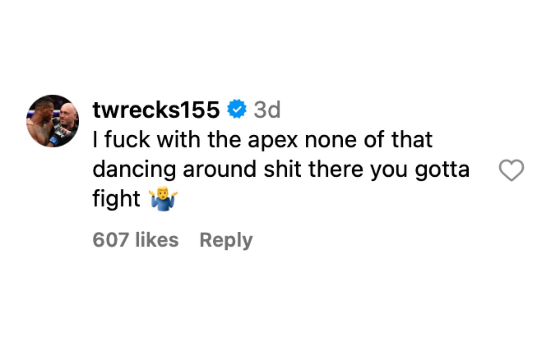 Terrance McKinney responding to Renato Moicano&#039;s criticism of the UFC APEX [via @mmajunkie on Instagram]