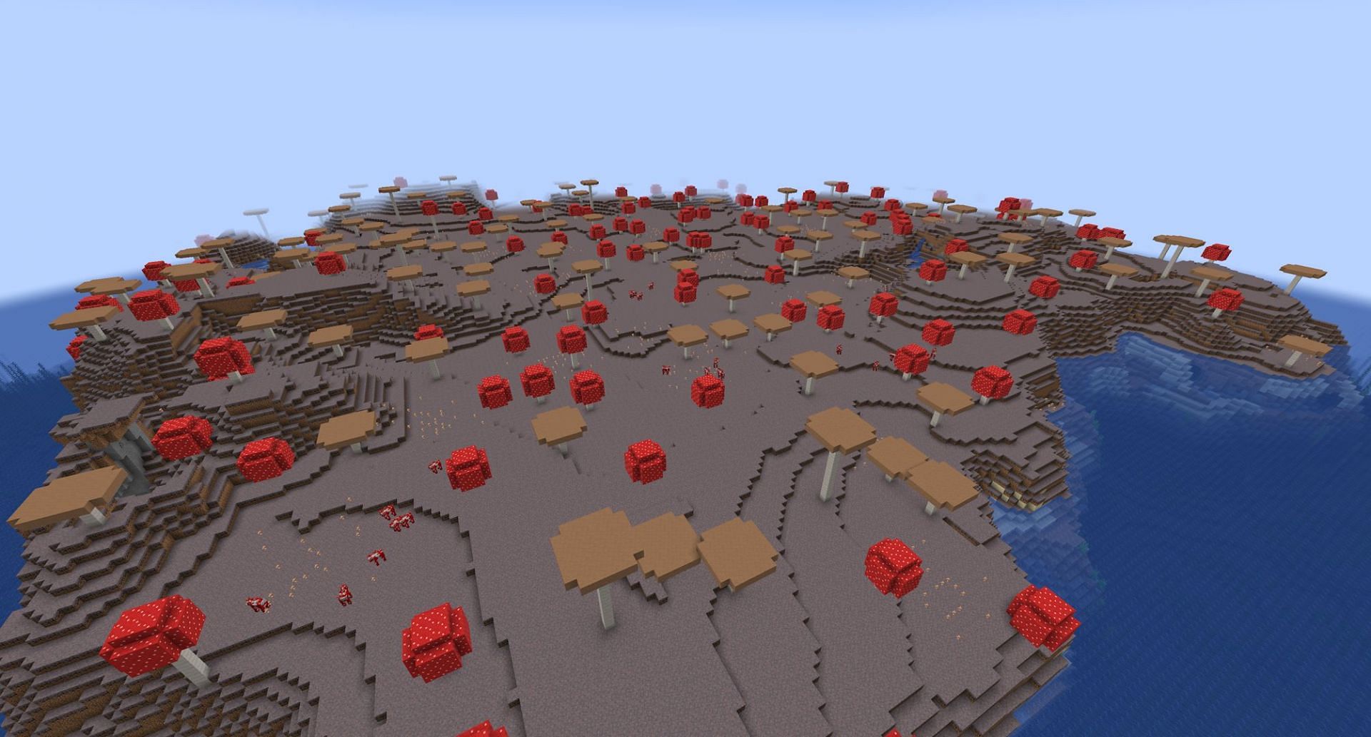 Some of the seed&#039;s large spawn mushroom island (Image via Mojang)