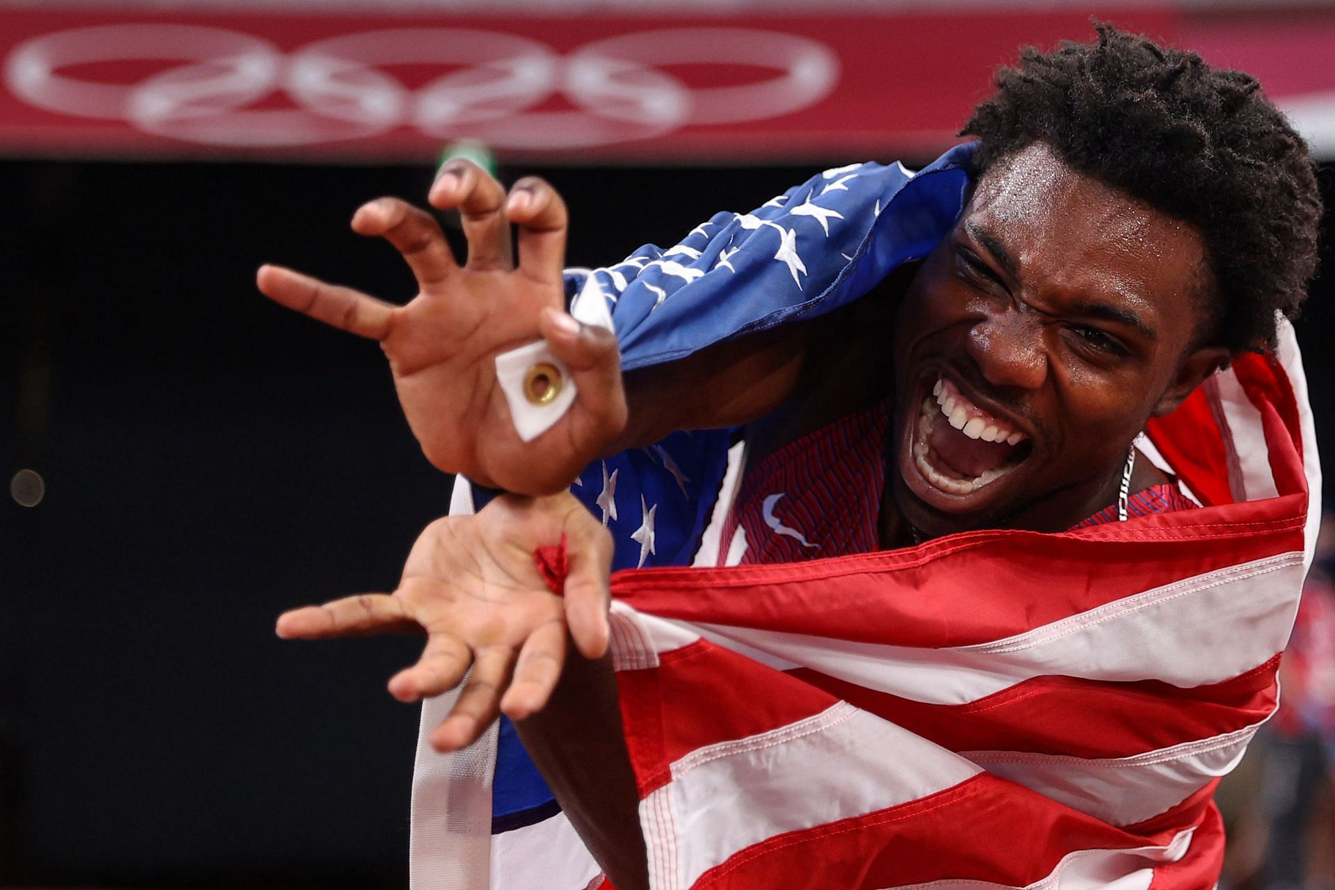 Noah Lyles celebrates after winning the bronze medal in the Men&#039;s 200m Final at the 2020 Olympic Games in Tokyo, Japan.