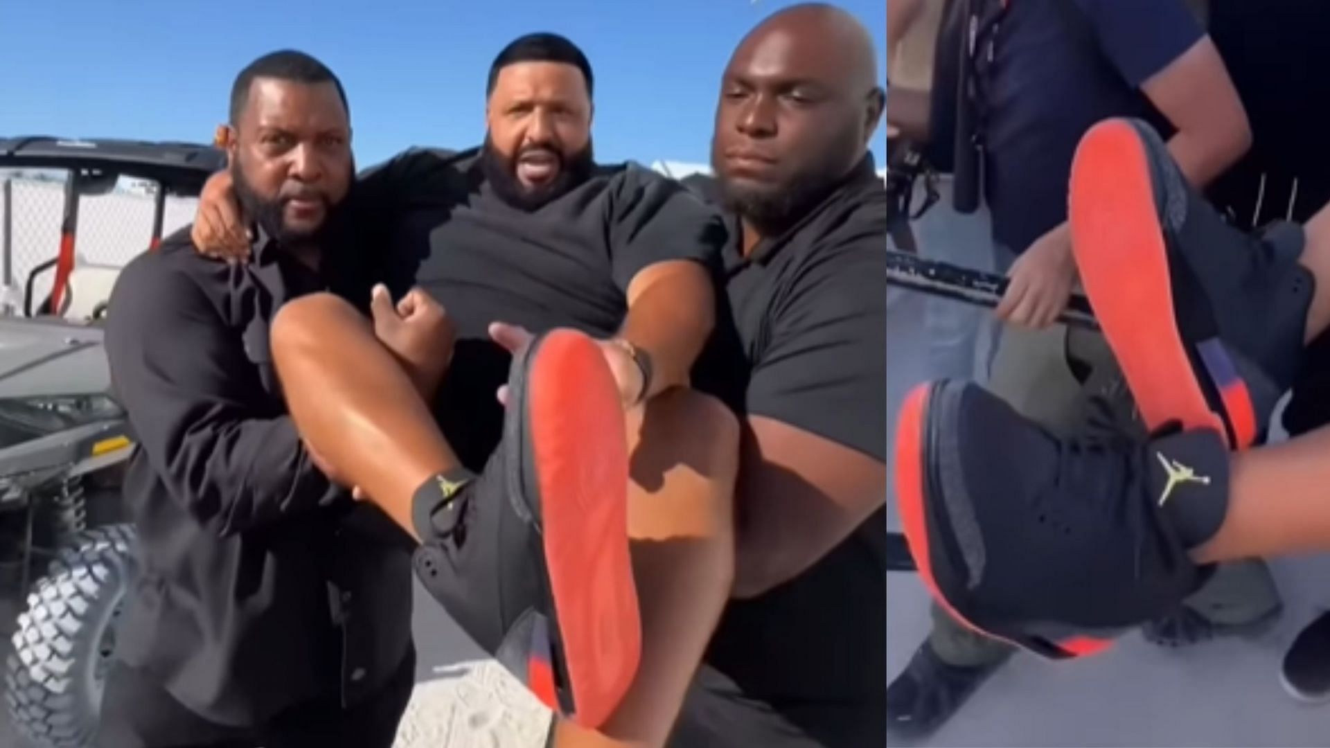 DJ Khaled enlists the help of two security guards to transport him as he was wearing new Air Jordans
