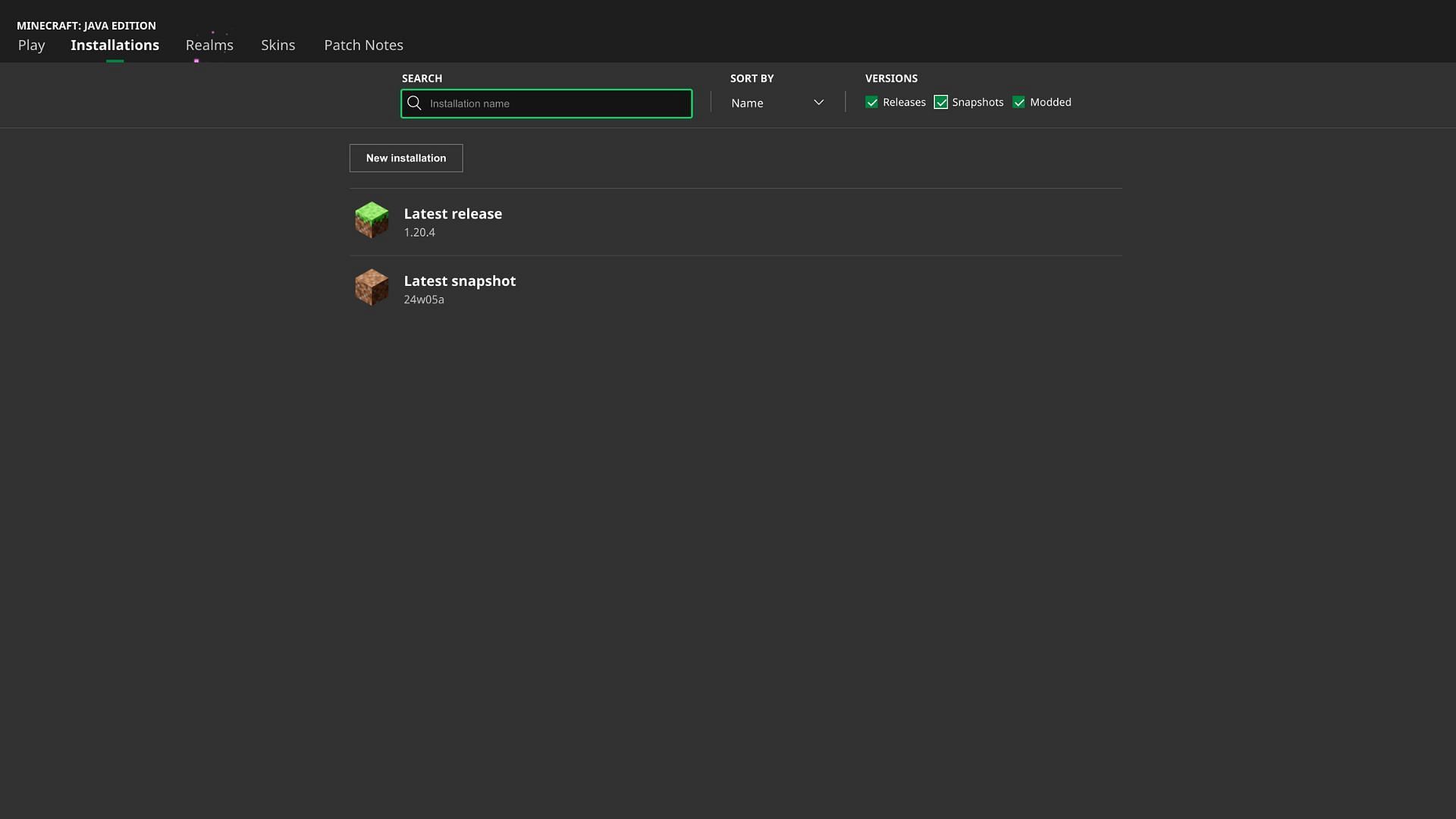 Installation tab with the latest snapshot (image via Mojang Studios)
