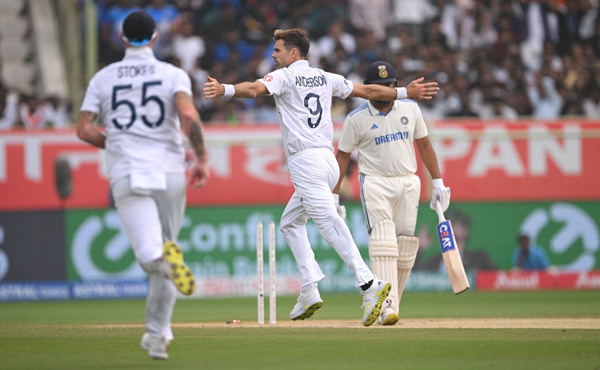James Anderson castled Rohit Sharma with a peach of a delivery. [P/C: Getty]