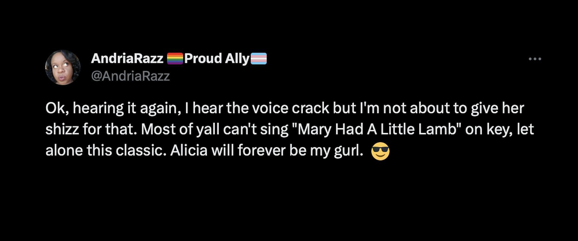 Screenshot of an Alicia Keys fan defending her voice crack (Image via X/@AndriaRazz)