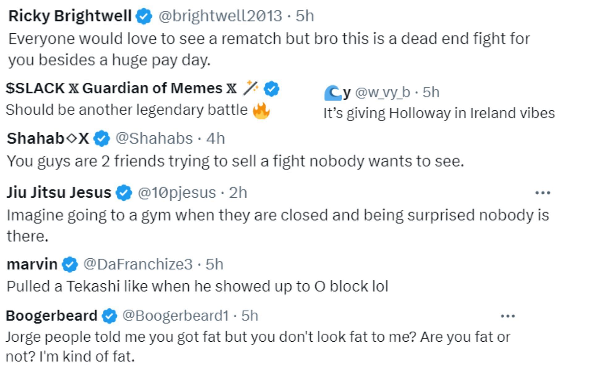 Screenshot of fan reactions to Jorge Masvidal&#039;s post on X