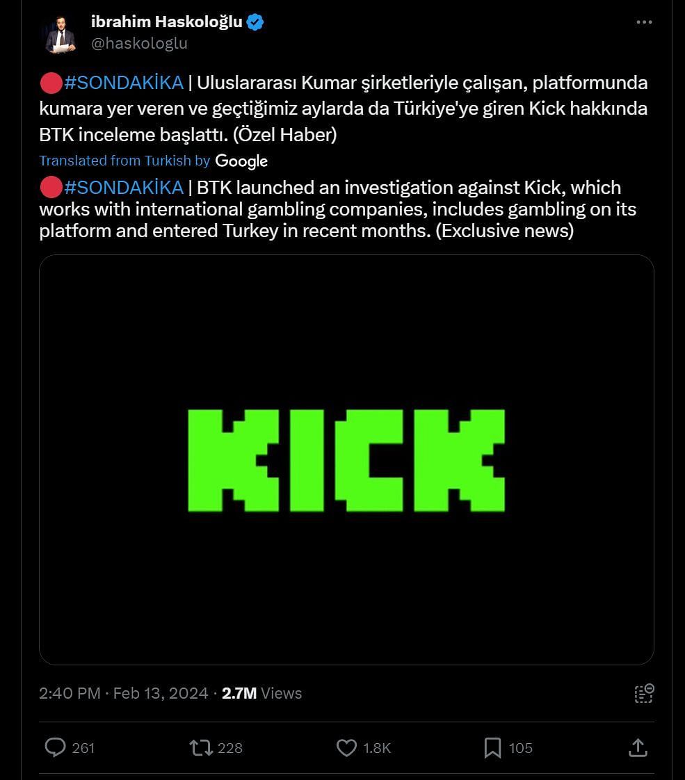 Ibrahim Haskoloğlu&#039;s tweet on February 13, 2024, stating BTK launched an investigation against the livestreaming platform (Image via X)