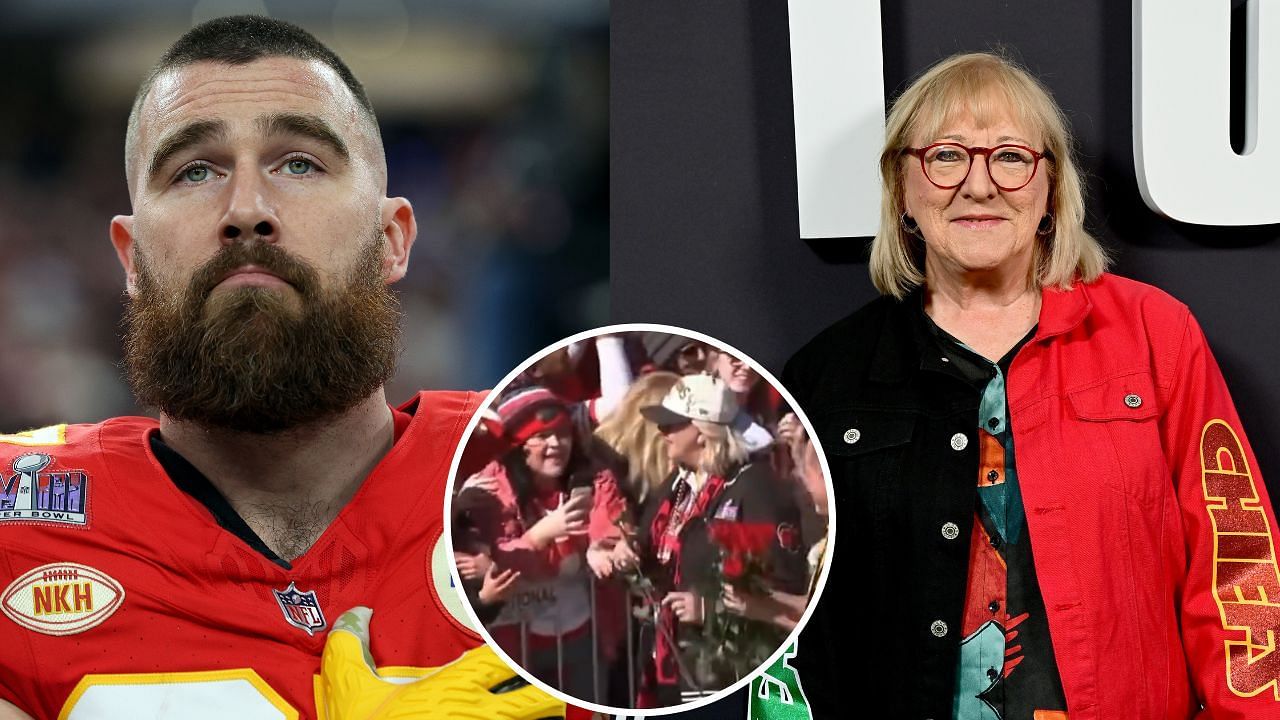 Travis Kelce, left, Donna Kelce, right