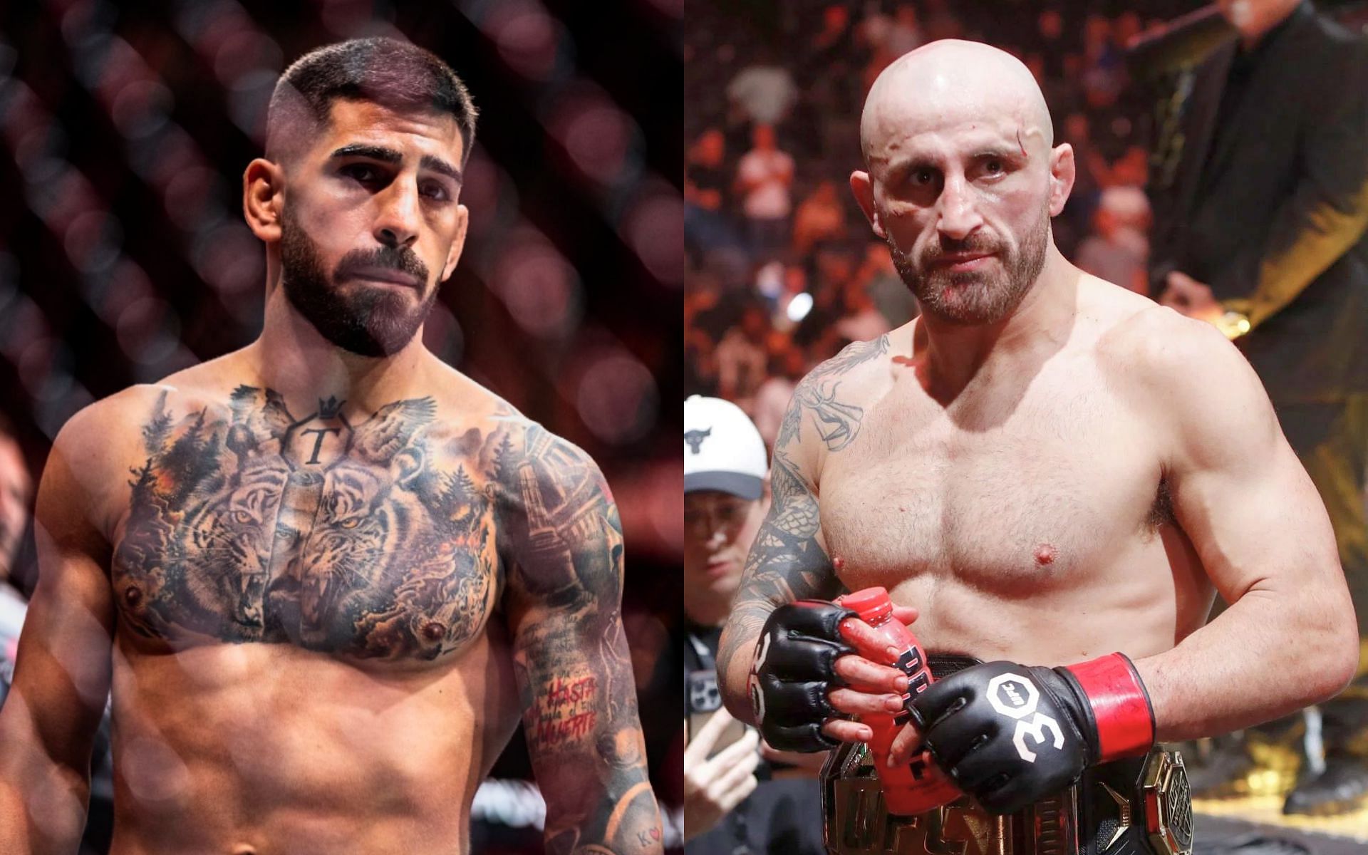 Former UFC champ dismisses theory that Alexander Volkanovski (right) is facing Ilia Topuria (left) too soon after his KO loss [Images Courtesy: @GettyImages and @iliatopuria on Instagram]