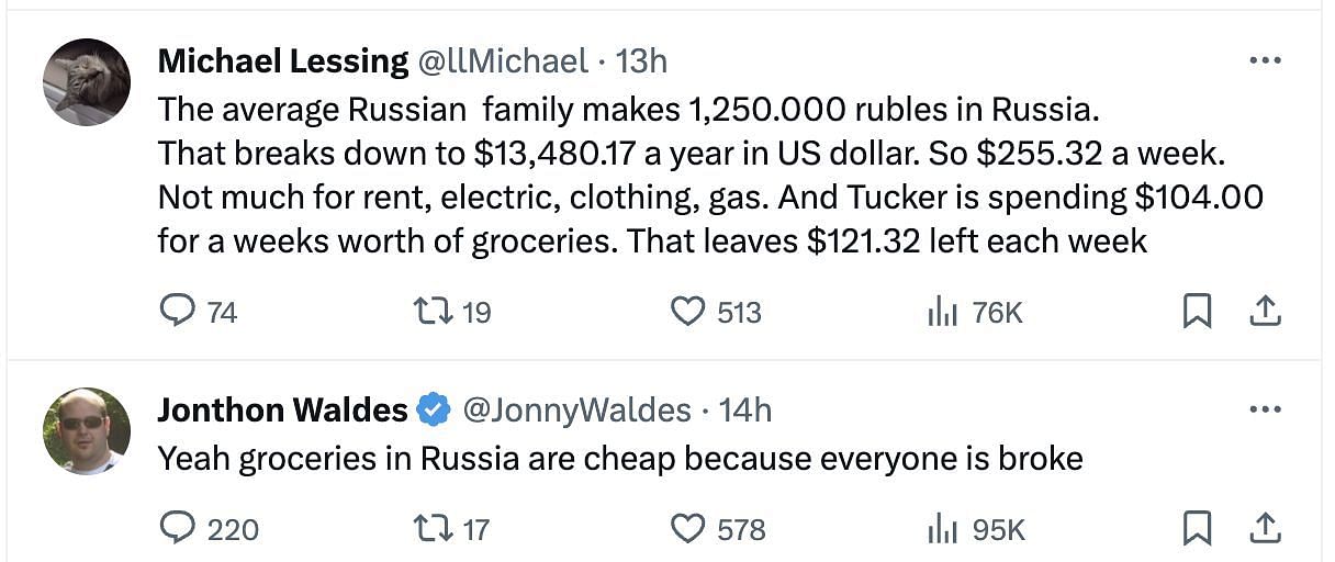 Social media users bashed Carlson as he uploaded a video comparing the Russian grocery store&#039;s prices to those in the US. (Image via @BGatesIsaPyscho/ X)