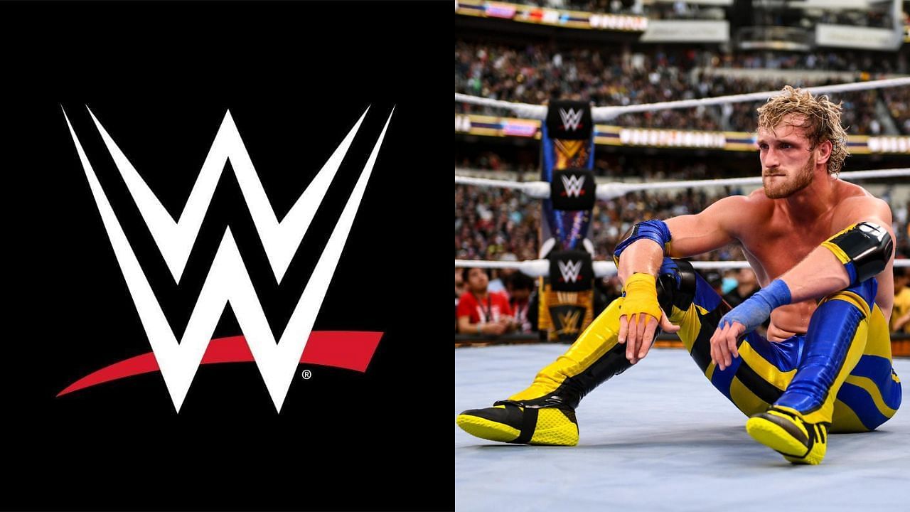 WWE logo (left) and Logan Paul (right)