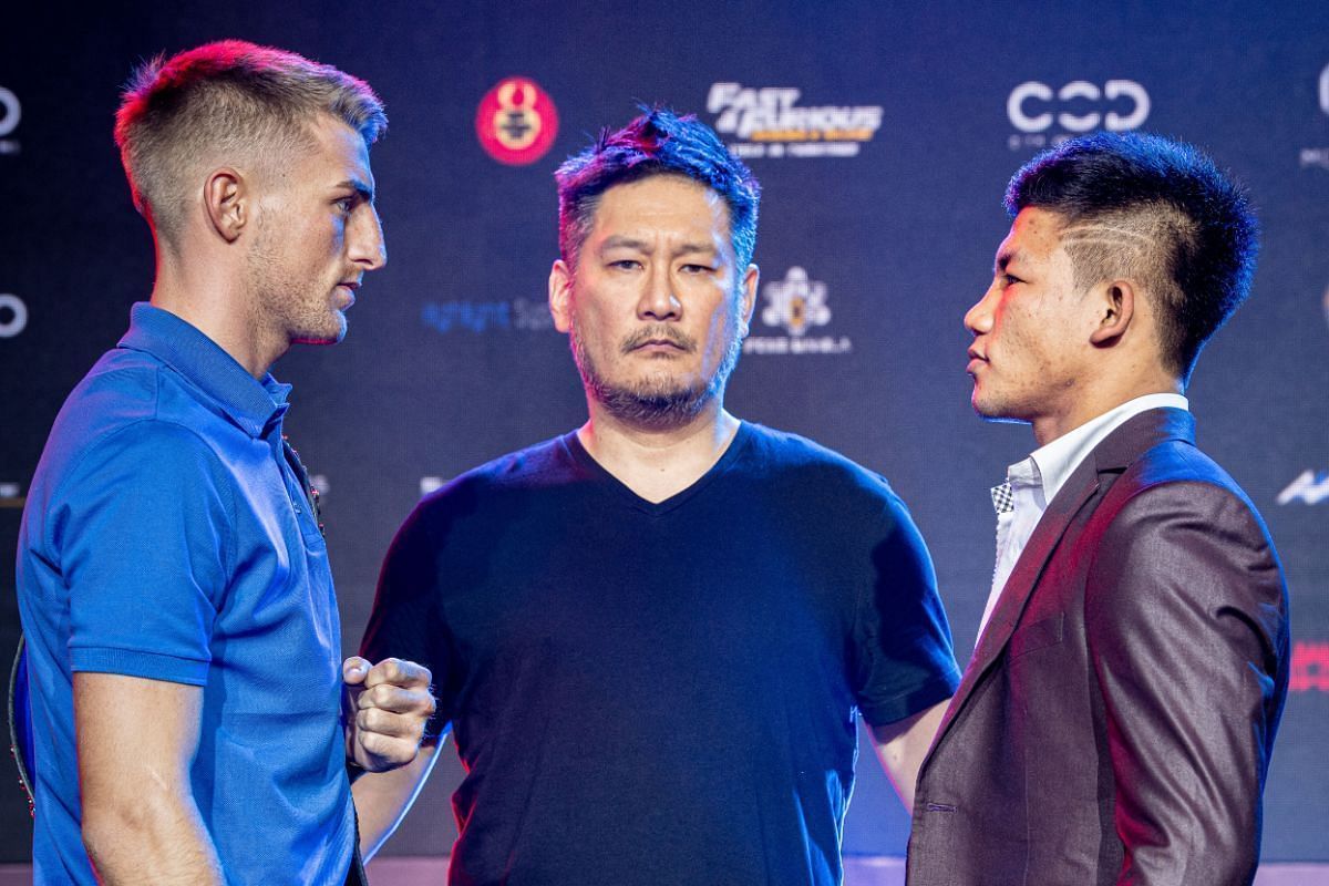 Jonathan Haggerty (left) and Rodtang Jitmuangnon face off in Manila ahead of their August 2019 flyweight Muay Thai title fight.