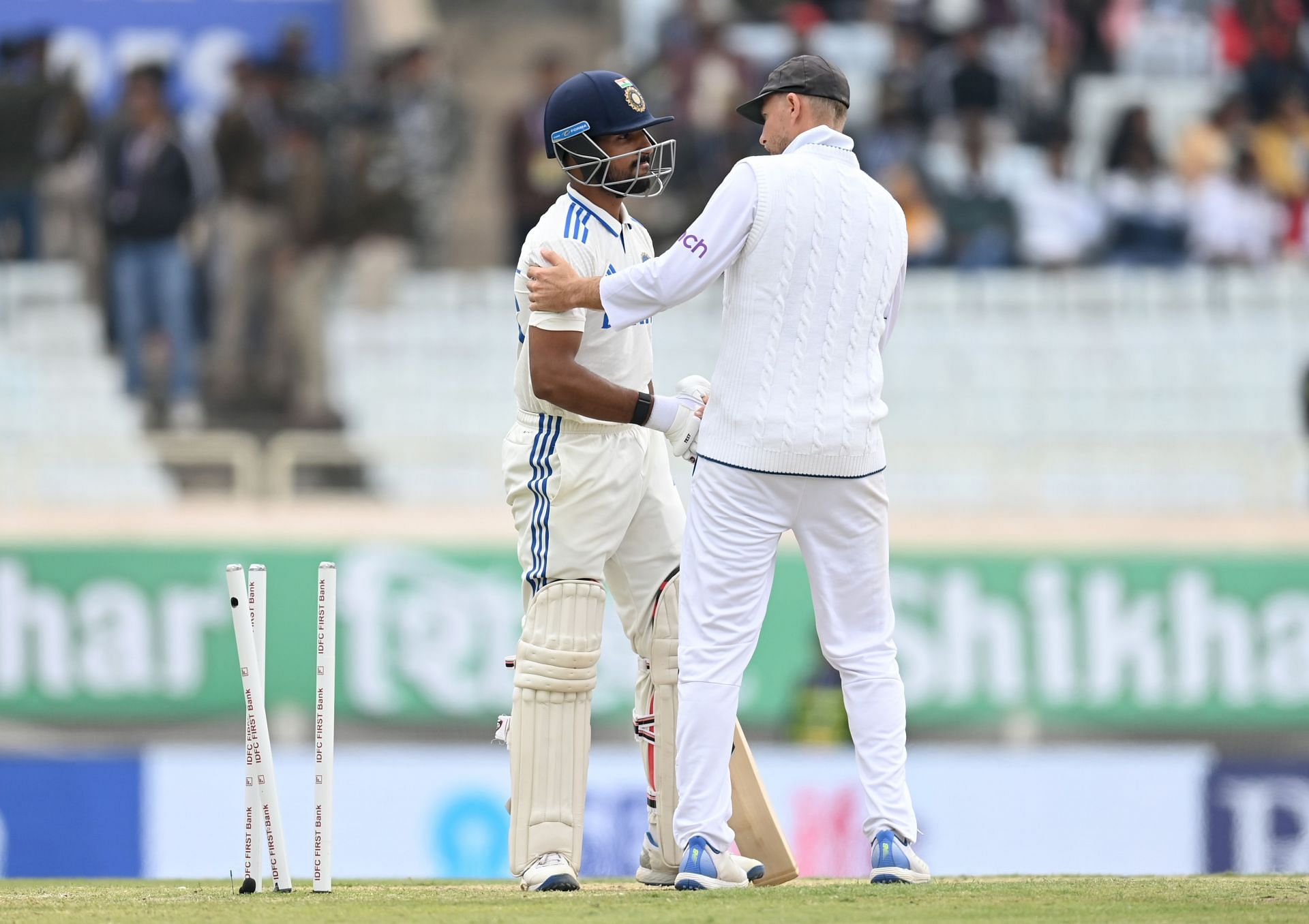 Dhruv Jurel is congratulated after he is bowled: India  v England - 4th Test Match: Day Three