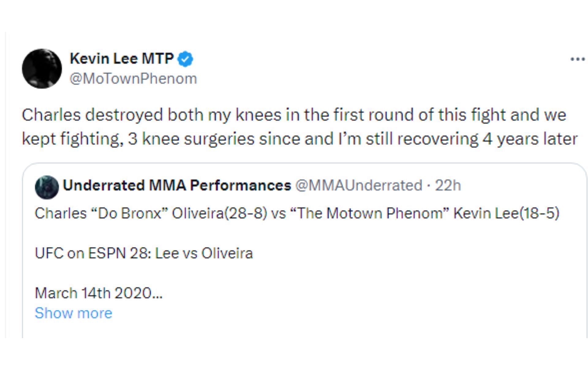 Kevin Lee&#039;s tweet regarding his bout against Oliveira [Image courtesy: @MoTownPhenom - X]