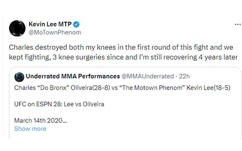 Kevin Lee's tweet regarding his bout against Oliveira [Image courtesy: @MoTownPhenom - X]