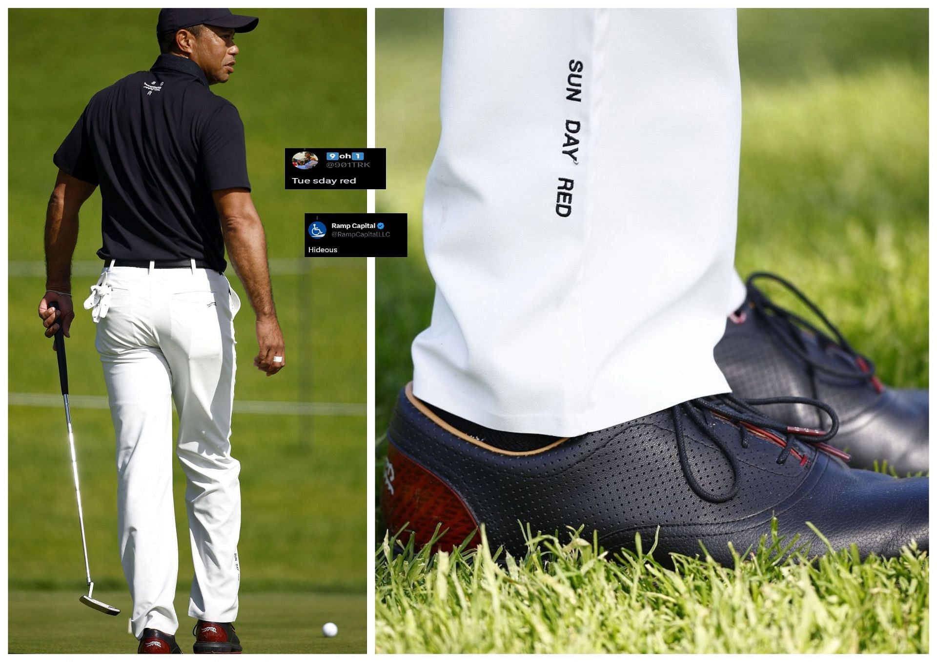 Tiger Woods sporting the Sun Day Red during the practice session ahead of the Genesis Invitational 2024