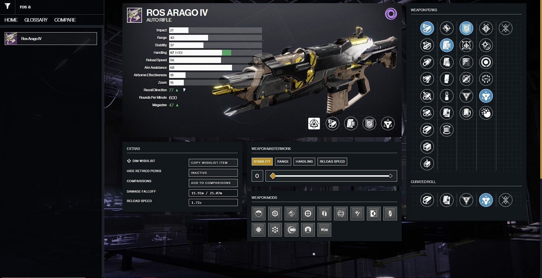 Ros Arago IV PvE Void build perks (Image via D2Gunsmith)