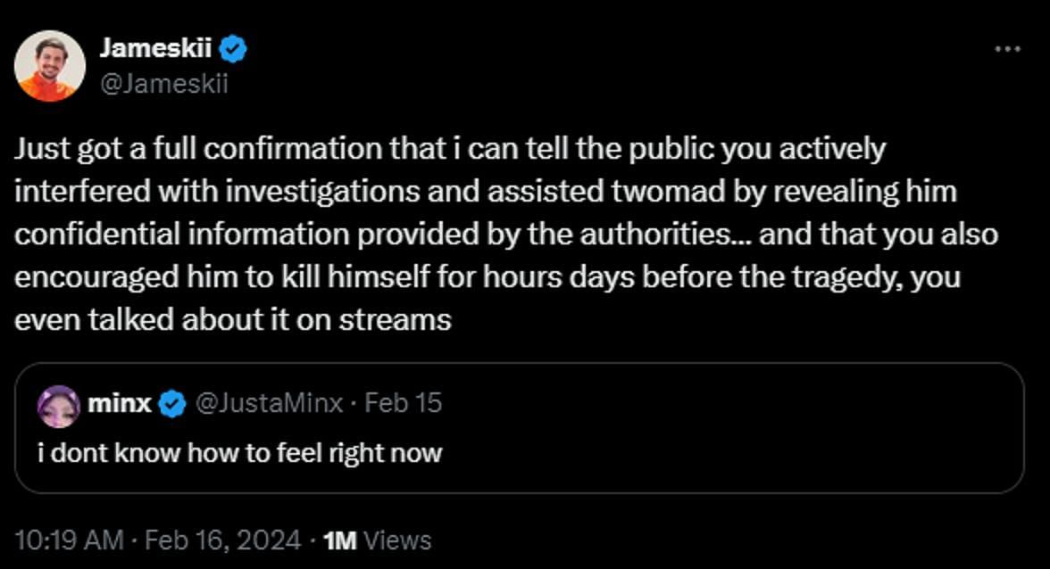 Jameskii alleges that JustaMinx may have interfered with investigations (Image via X)