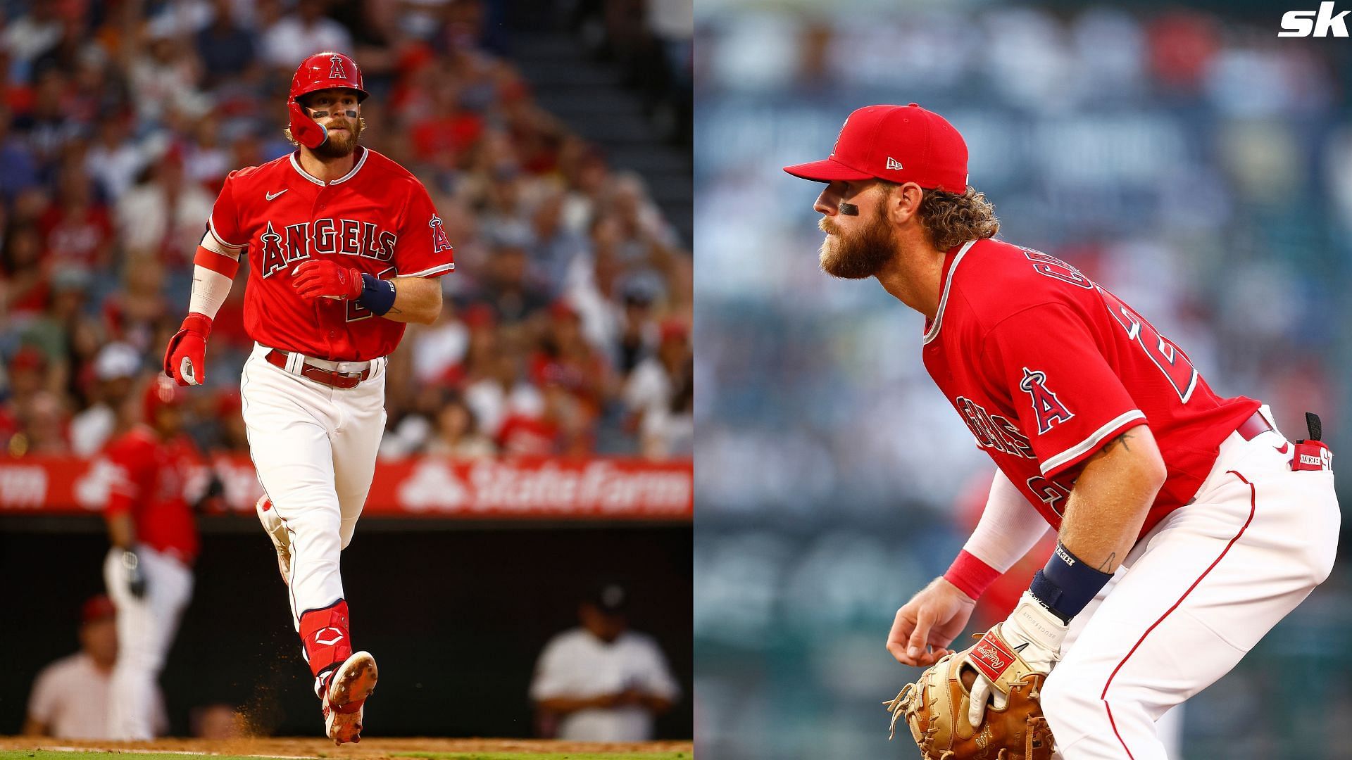 Trey Cabbage of the Los Angeles Angels in action in the MLB at Angel Stadium of Anaheim