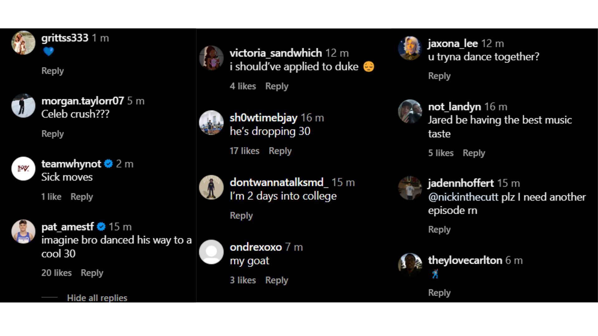 Fans hyped Jared McCain&#039;s dance moves. (Image Credit: Jared McCain&#039;s Instagram Comments)