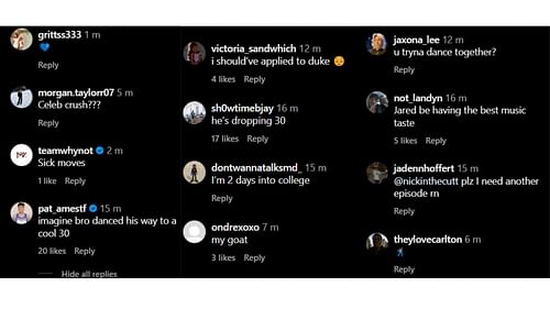 Fans hyped Jared McCain's dance moves. (Image Credit: Jared McCain's Instagram Comments)