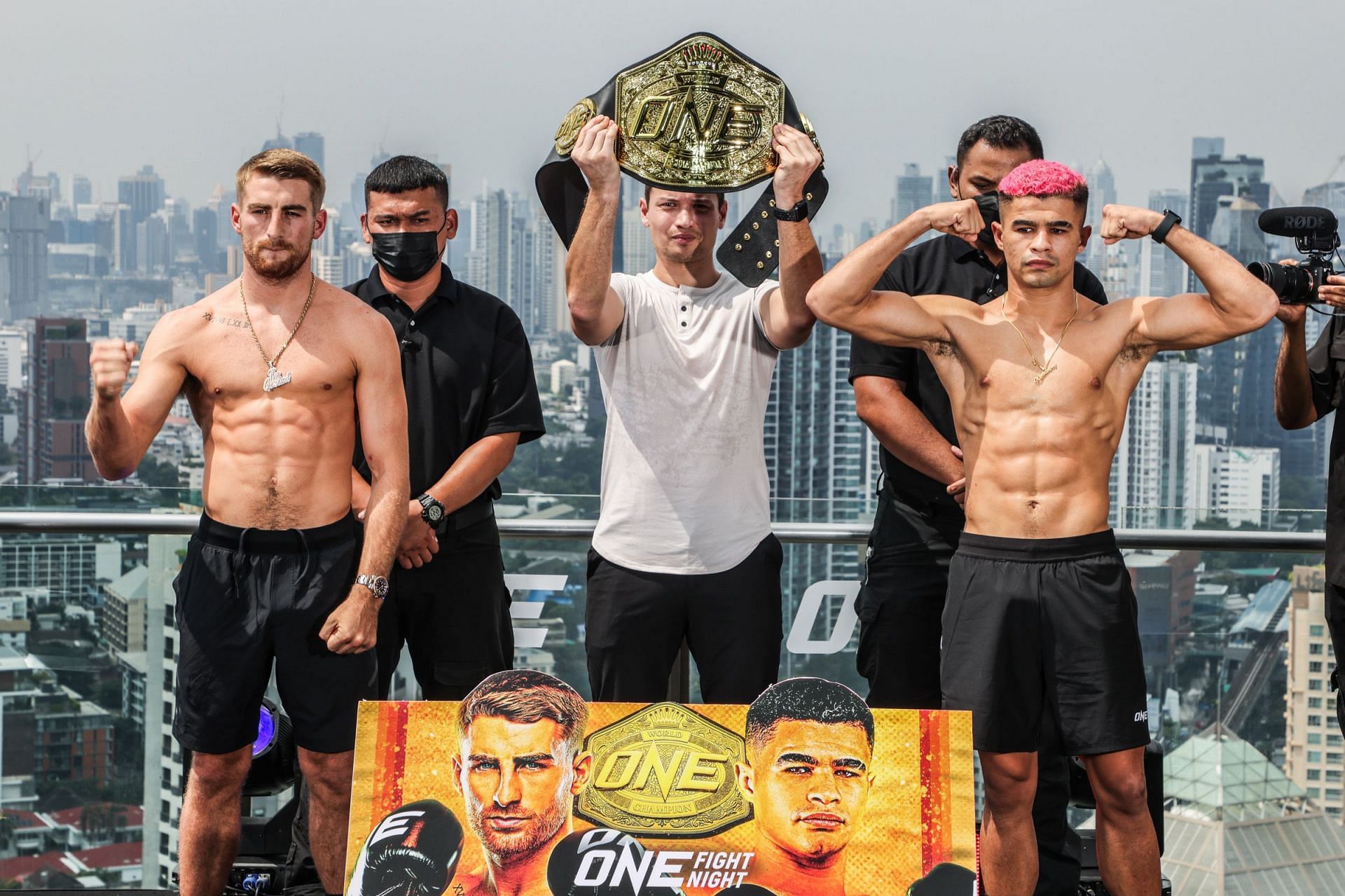 Jonathan Haggerty (left) and Fabricio Andrade at the ONE Fight Night 16 ceremonial weigh-ins ahead of their bantamweight kickboxing title fight in November 2023.