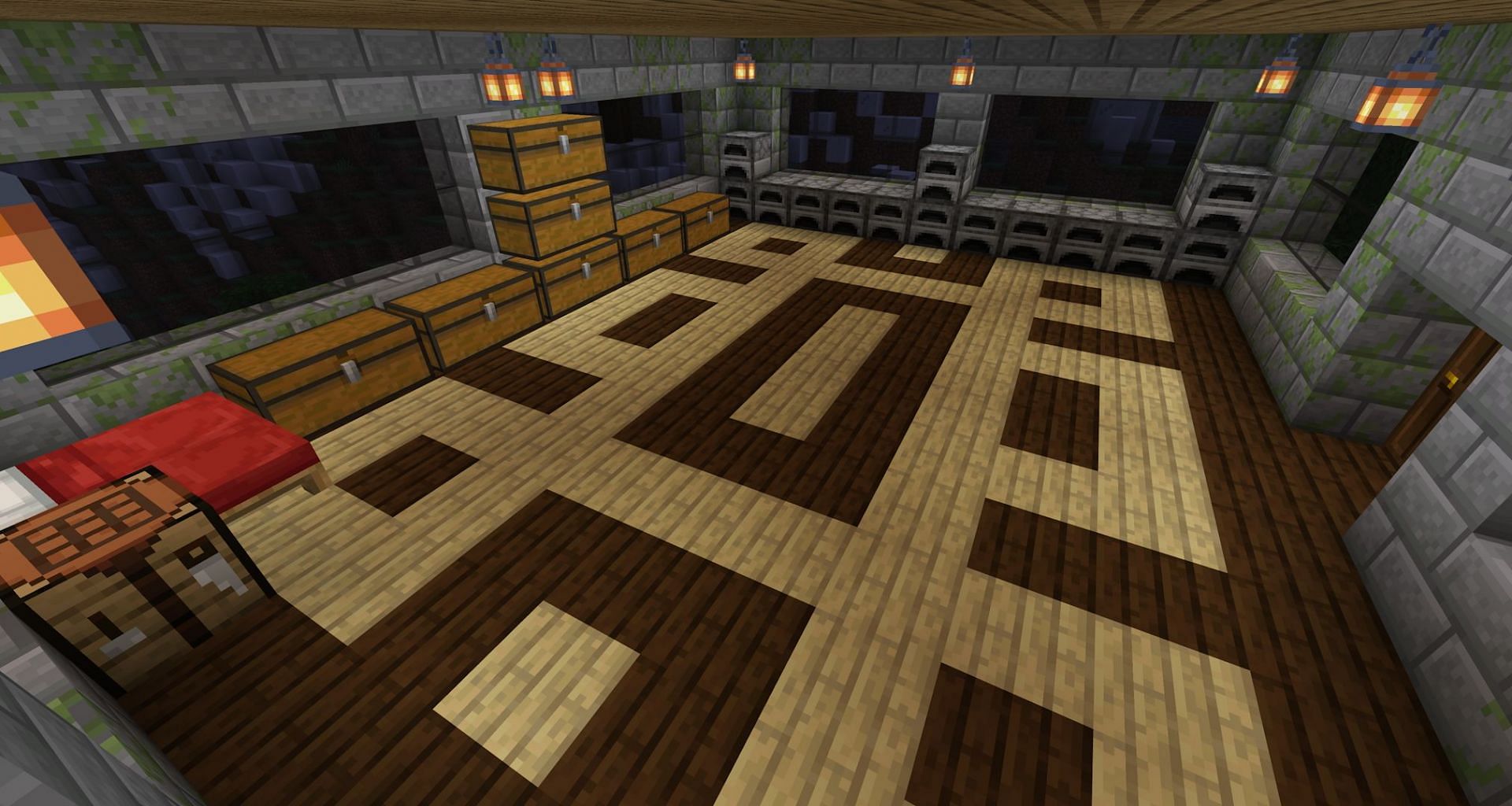 A basic survival base with a wood knot floor (Image via Mojang)