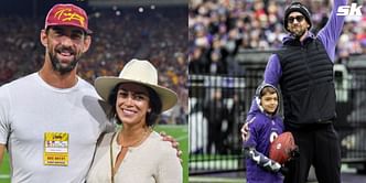 Michael Phelps' wife Nicole reacts to swimming great delivering the game ball for Baltimore Ravens vs Kansas City Chiefs alongside son Boomer