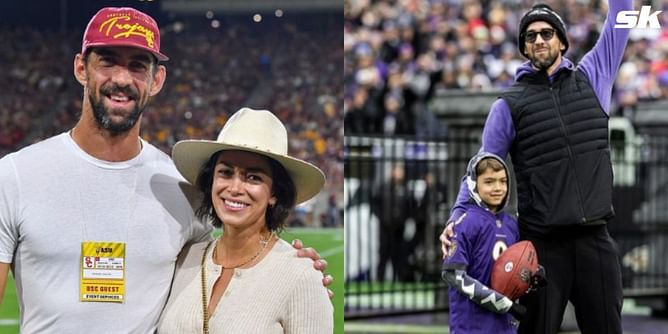 Michael Phelps' wife Nicole reacts to swimming great delivering the game ball for Baltimore Ravens vs Kansas City Chiefs alongside son Boomer