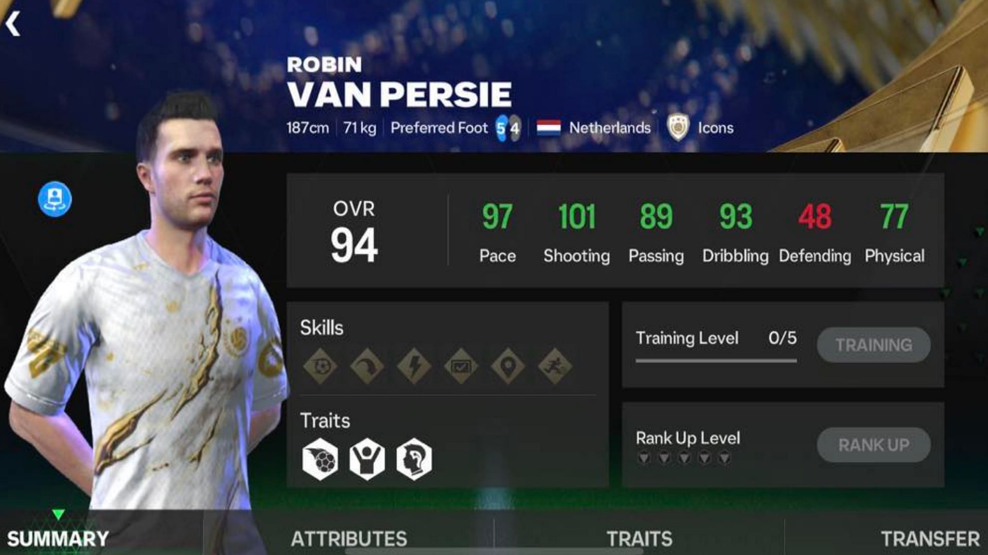 Robin van Persie&#039;s TOTY card stats in FC Mobile (Image via EA Sports)