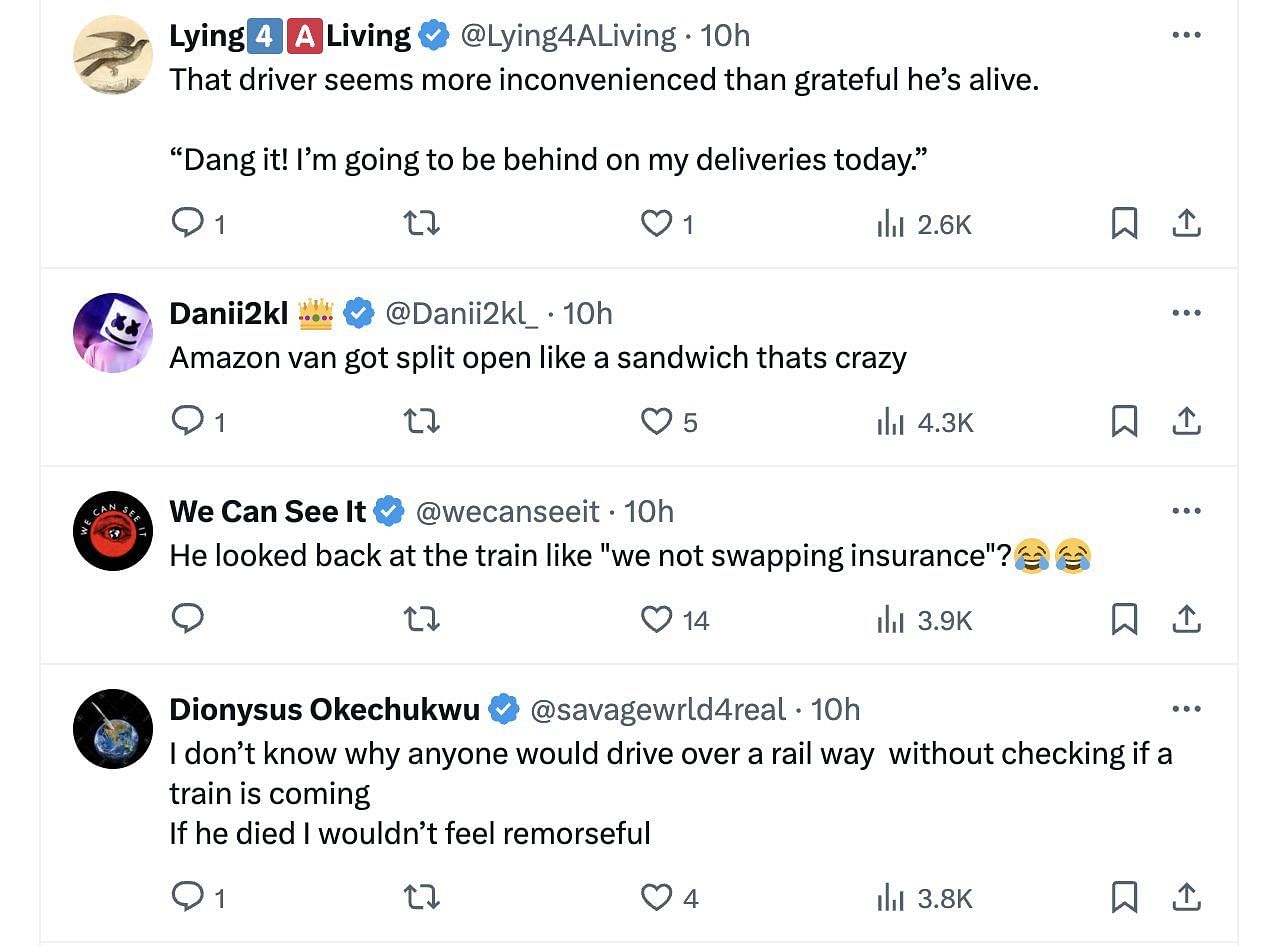 Social media users left shocked as a new video emerged online showing the driver completely unscathed after the train split his vehicle in half. (Image via @DailyLoud/ X)