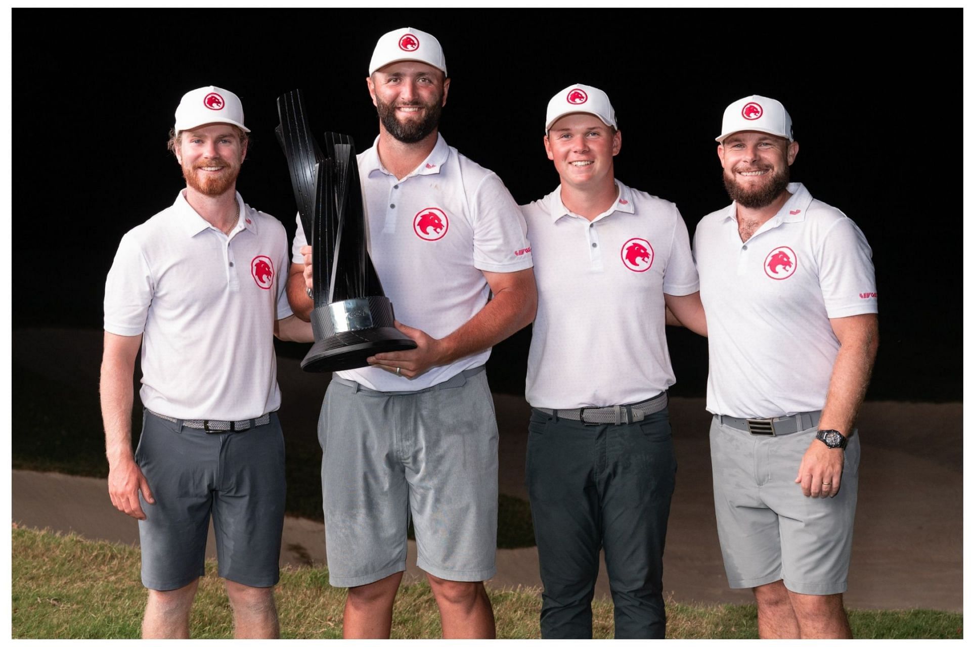 Jon Rahm and his Legion XIII teammates pose with the trophy after winning the LIV Golf Mayakoba