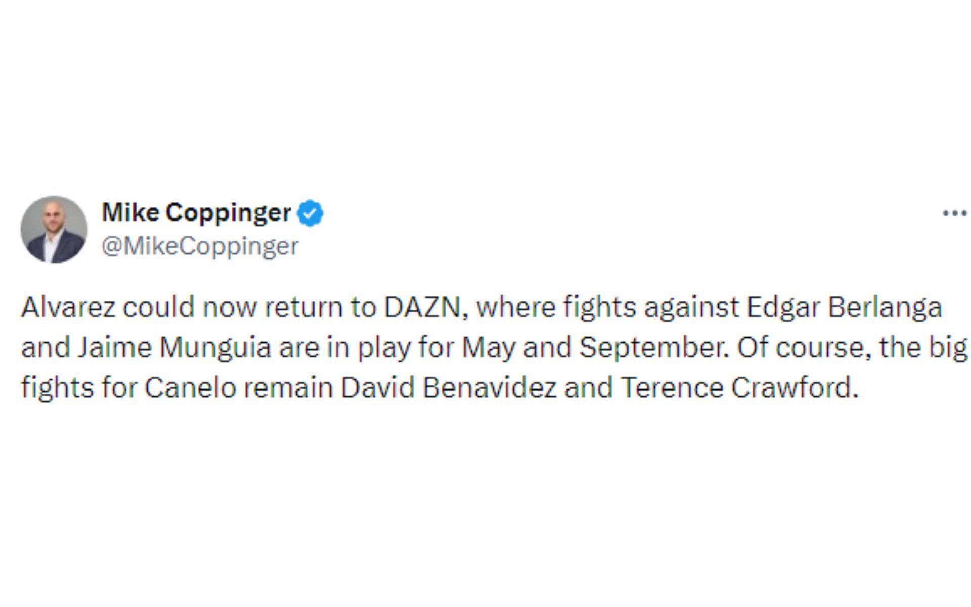 Coppinger's tweet regarding what could be next for Alvarez [Image courtesy: @MikeCoppinger - X]