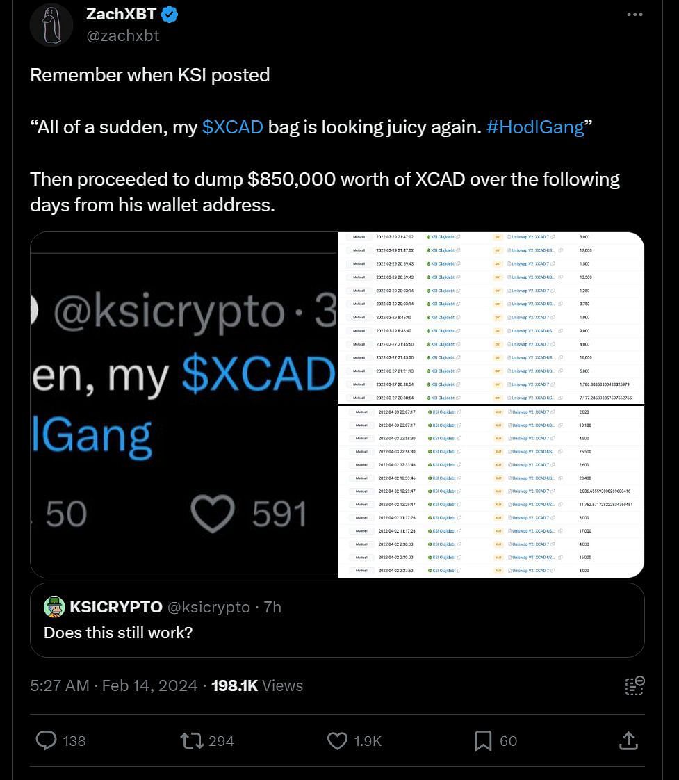 X user @zachxbt's tweet, dated February 14, 2024 (Image via X)