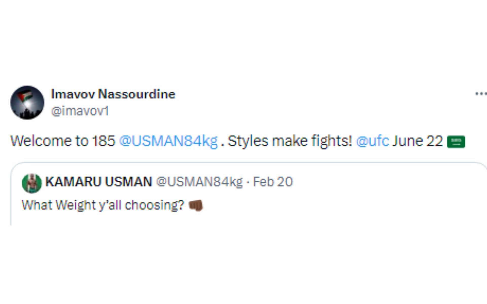 Imavov's tweet responding to Usman [Image courtesy: @imavov1 - X]