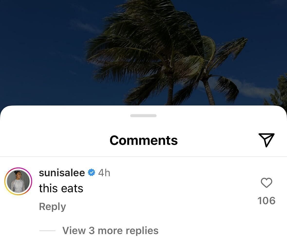 Screenshot of Suni lee's comment on Simone Biles' Instagram post