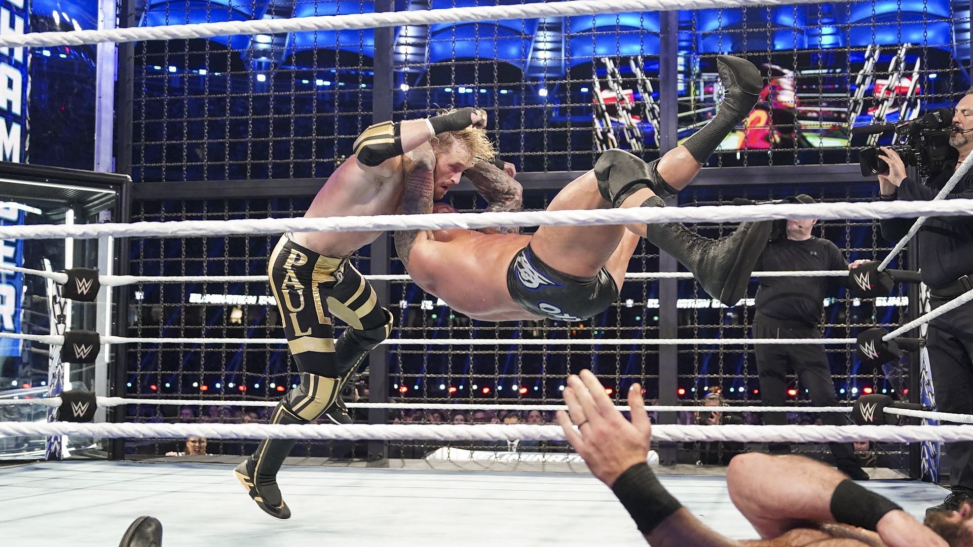 Logan Paul hit with the RKO by Randy Orton at WWE Elimination Chamber