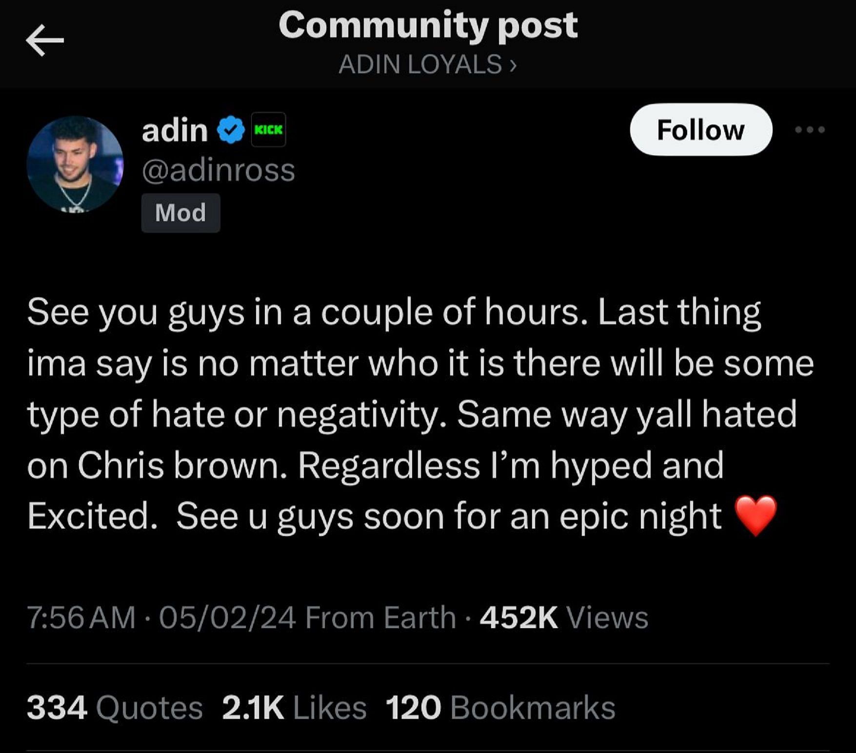 Adin speaks on his upcoming stream (Image via X)