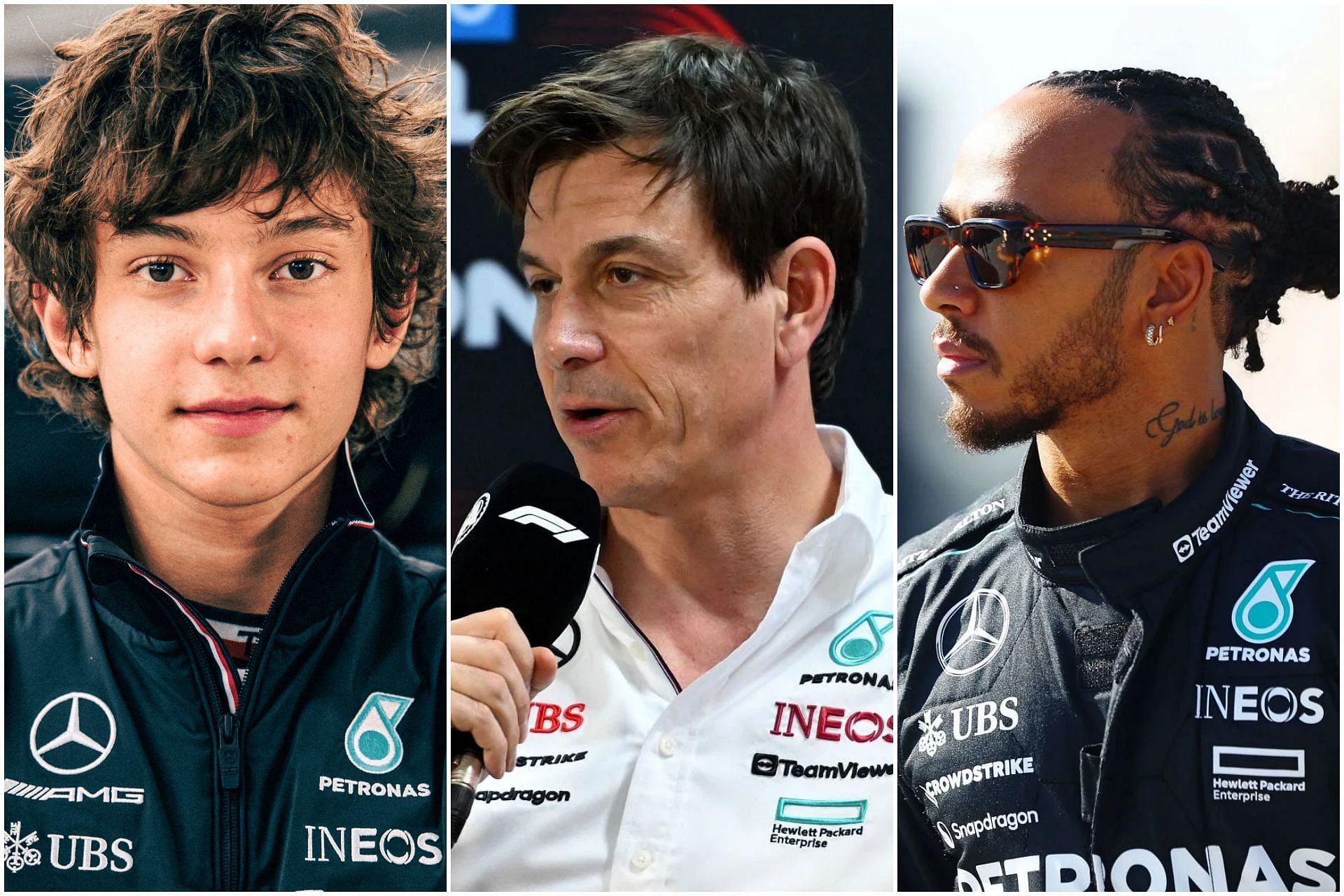 Kimi Antonelli (L), Toto Wolff (C), and Lewis Hamilton (R) (Collage via Sportskeeda)