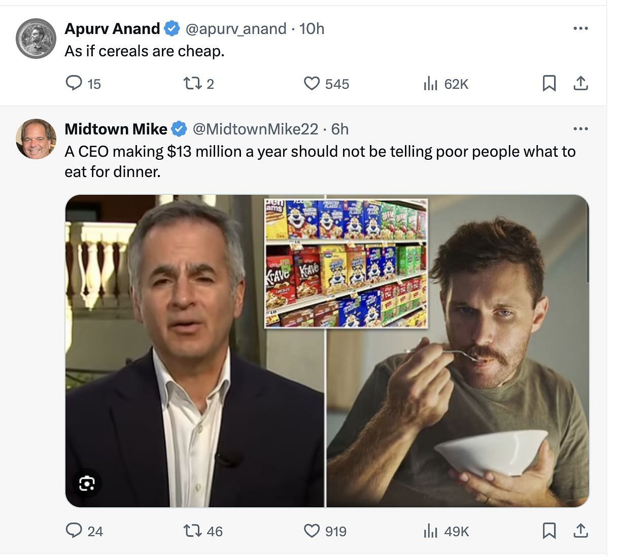 Social media users criticised the cereal brand CEO, Gary Pilnick for his suggestion of having cereal for dinner. (Image via @DailyLoud/ X)