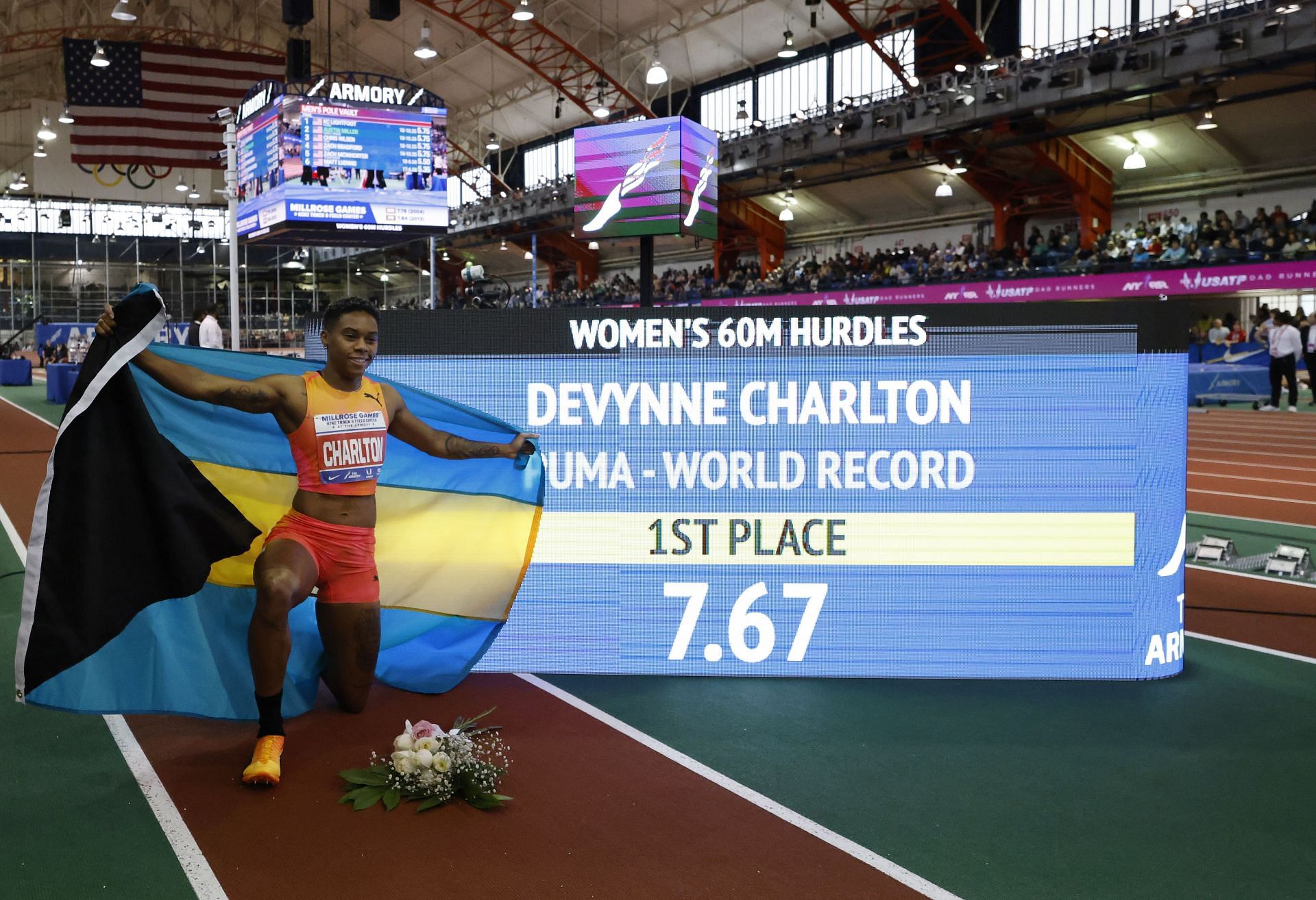 Devynne Charlton sets the world record of 7.67 winning the Women&#039;s 60m Hurdles during the 116th Millrose Games in New York City.