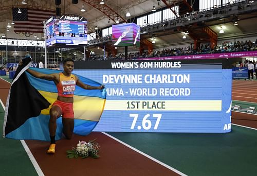 Devynne Charlton sets the world record of 7.67 winning the Women's 60m Hurdles during the 116th Millrose Games in New York City.