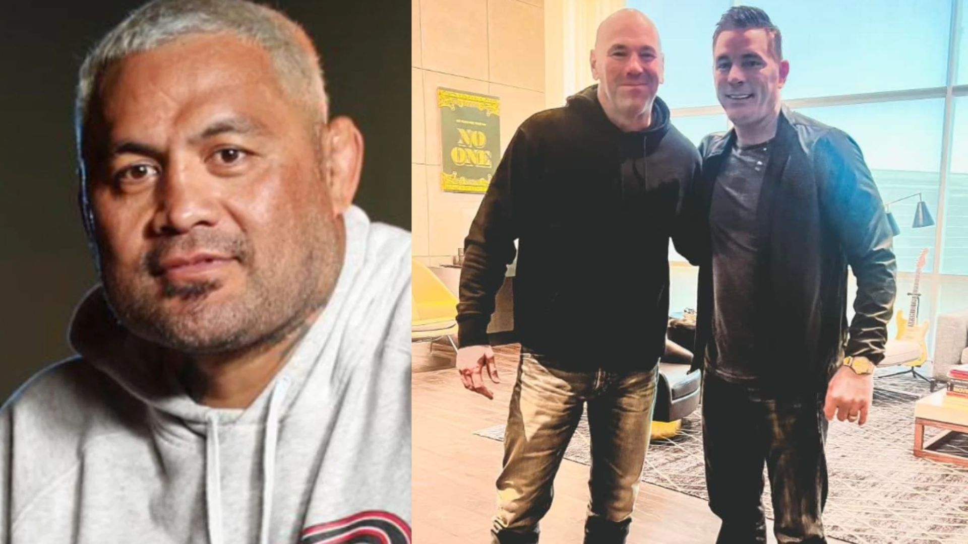 Mark Hunt (left) reacts to Dana White