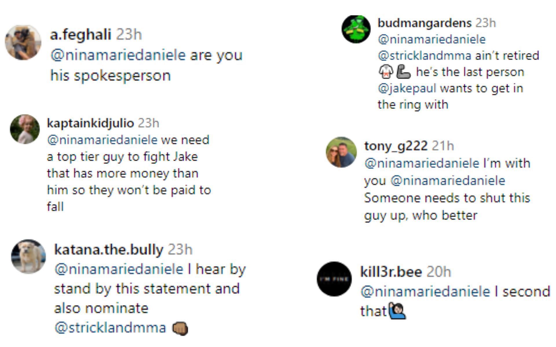 Fan reaction comments regarding Daniele&#039;s suggestion [Image courtesy: @stricklandmma - Instagram]