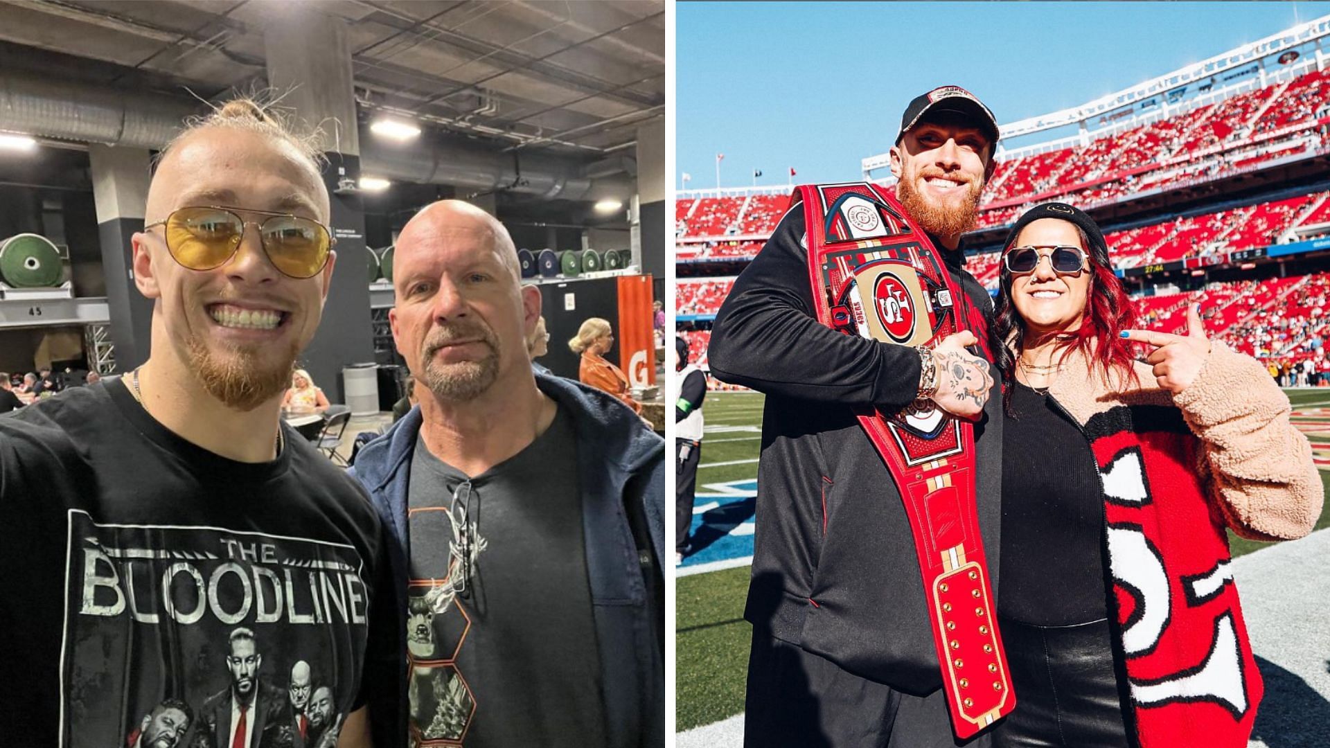 George Kittle with WWE personalities Stone Cold Steve Austin (left) and Bayley (right)